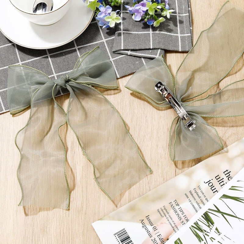 STSTR 2Pcs Large Hair Bow Clips, Green Silk Yarn Ribbon Bow Hair Barrette for Women, Elegant Long Tail Bowknot French Hair Accessories for Wedding, Parties, Festivals - Style 4 - Image 3